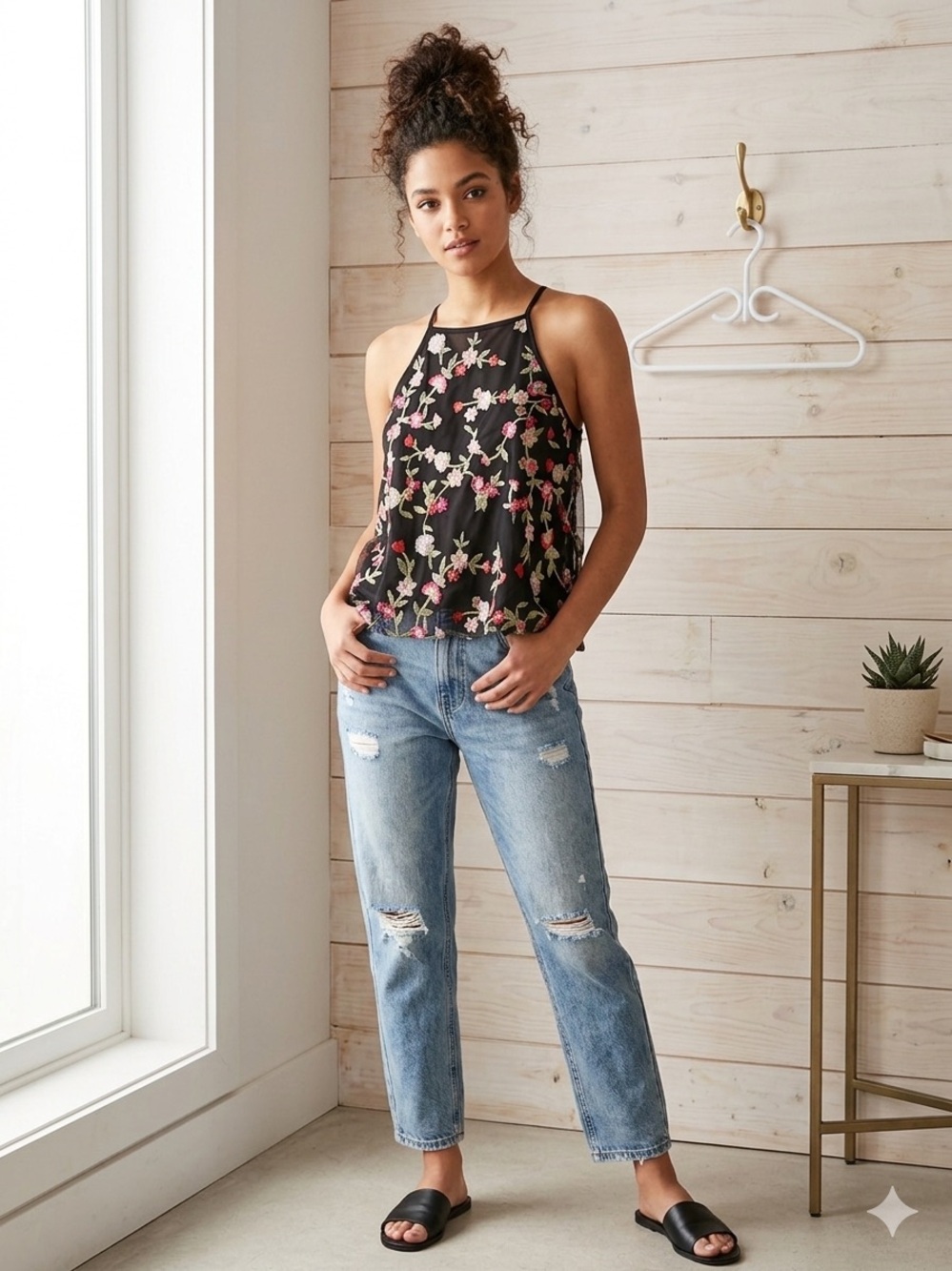 Streetwear Society Black Sheer Floral Embroidered Halter Neck Whimsigoth Top S